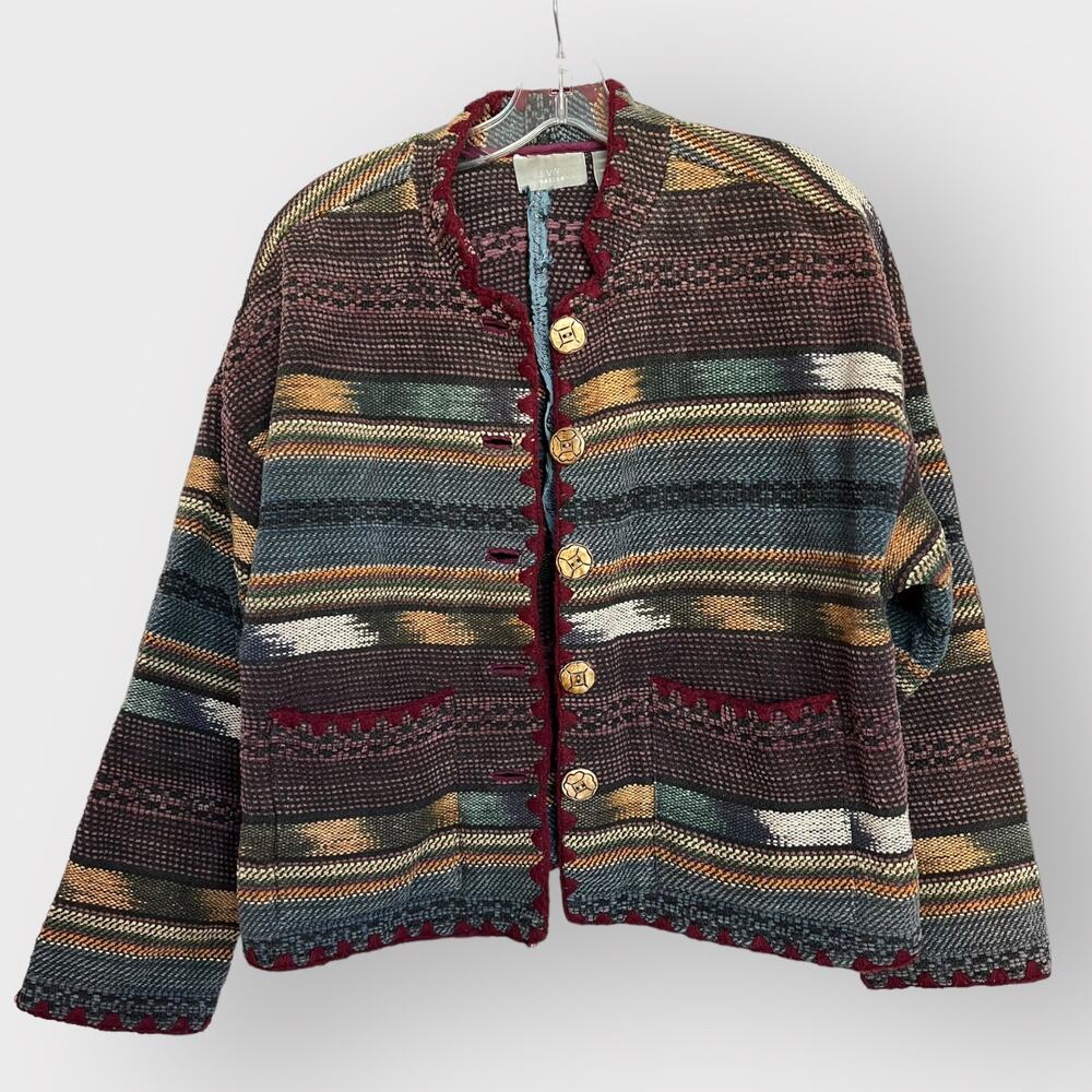 Vintage striped woven‎ jacket, wood buttons 100% cotton Medium petite